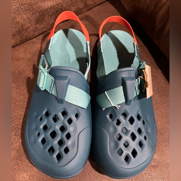 Chaco Shoes - Chaco Teal Blue Chillos Slip-On Clog Sandals with Orange Heel Strap NWT
